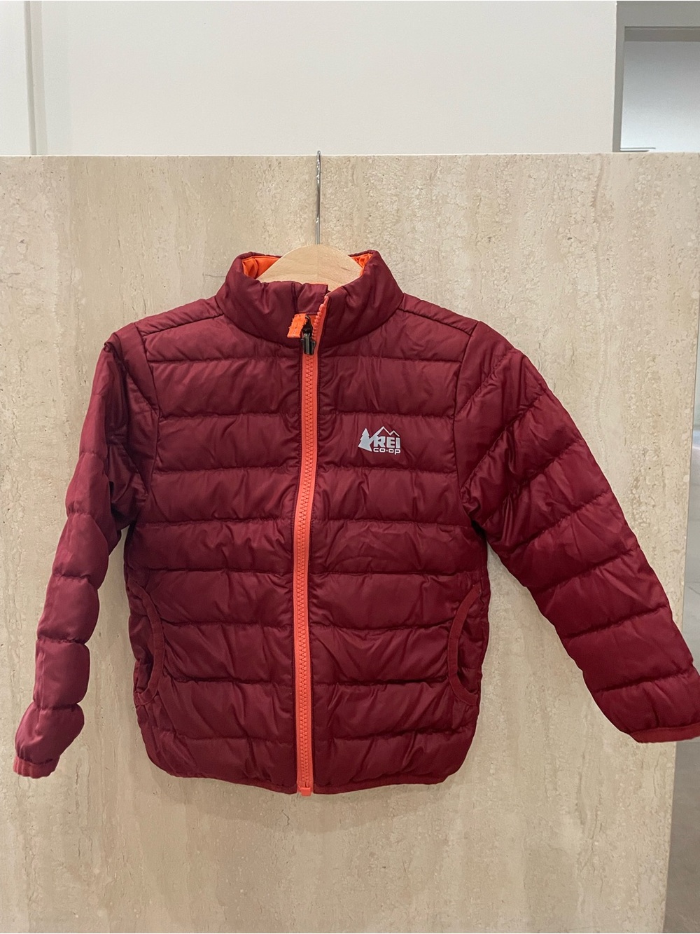 REI Burgundy Puffer Jacket with Orange Zipper